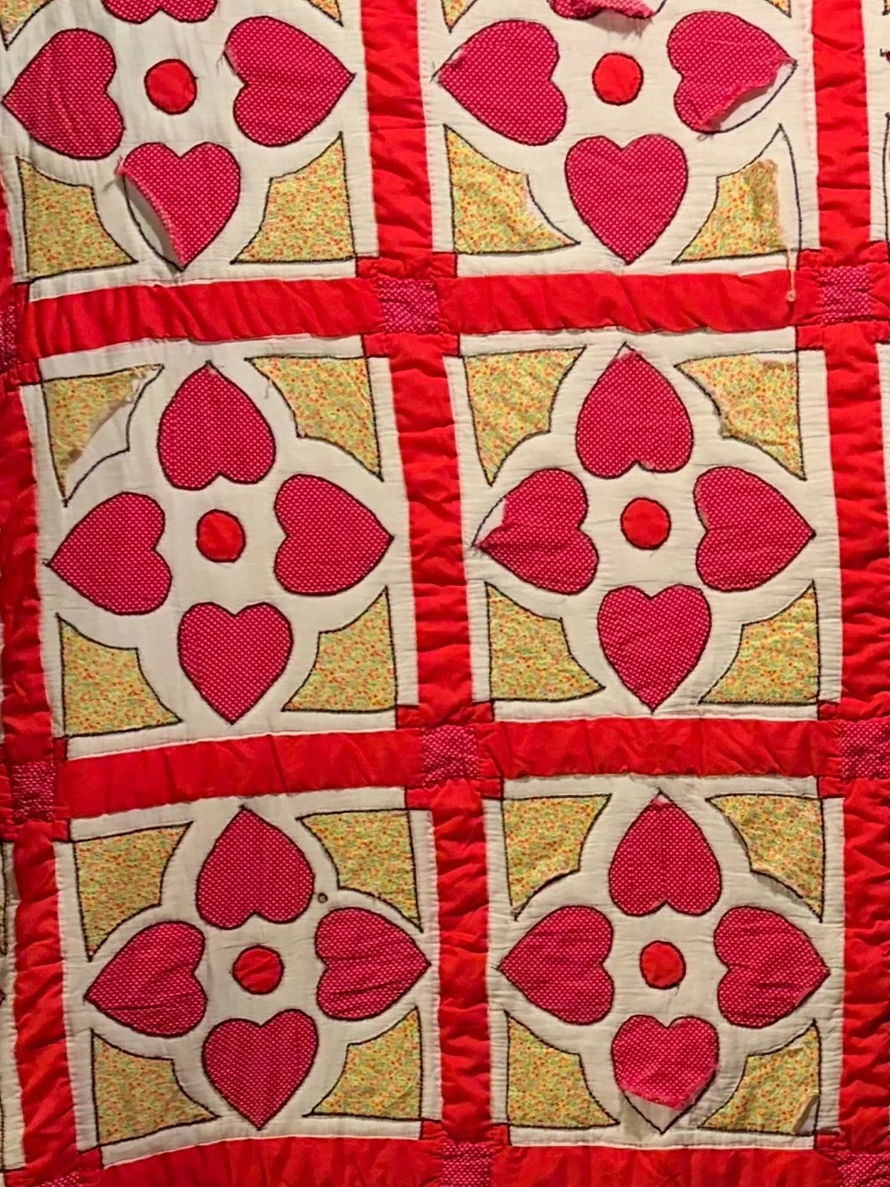Vintage red  & yellow Heart and Gizzards pattern quilt.
